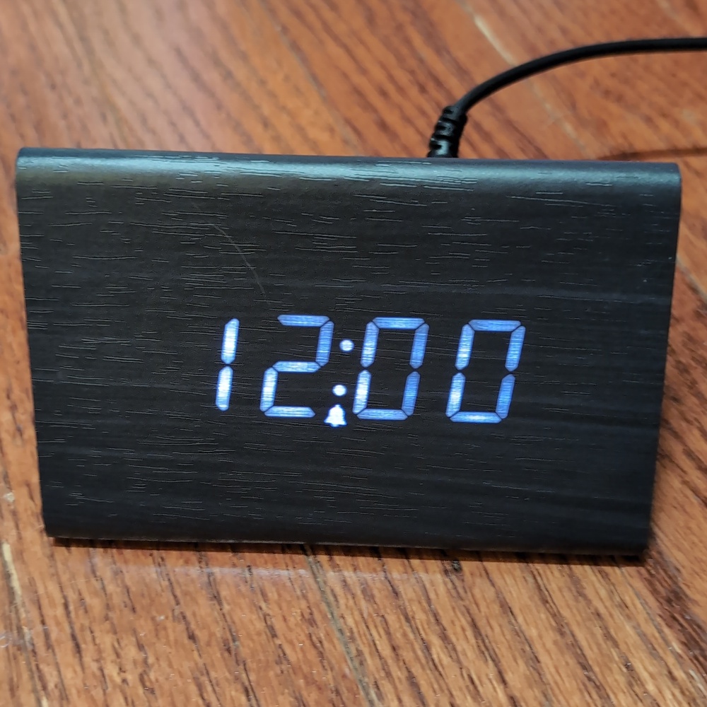 Digital Clock Alarm USB Charger Stand with USB Cable Power Block Black Faux Wood